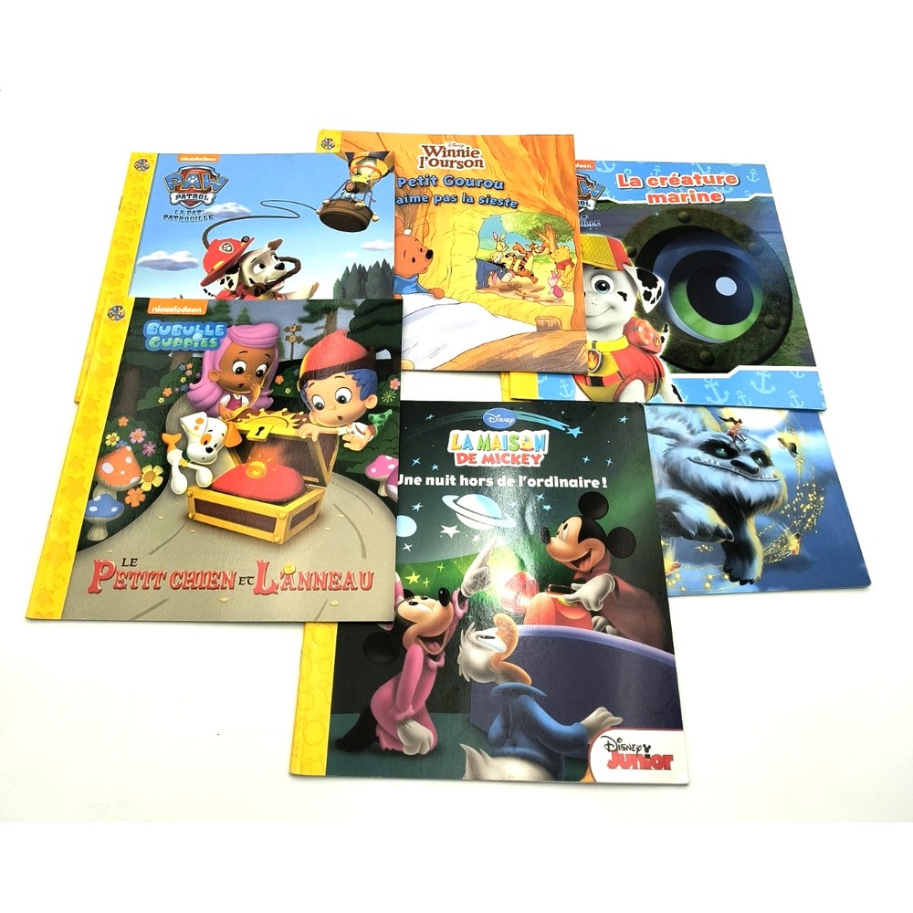 6 French Kids Books Lot Disney Paw Patrol Winnie Pooh Tinker Bell Bubble Guppies